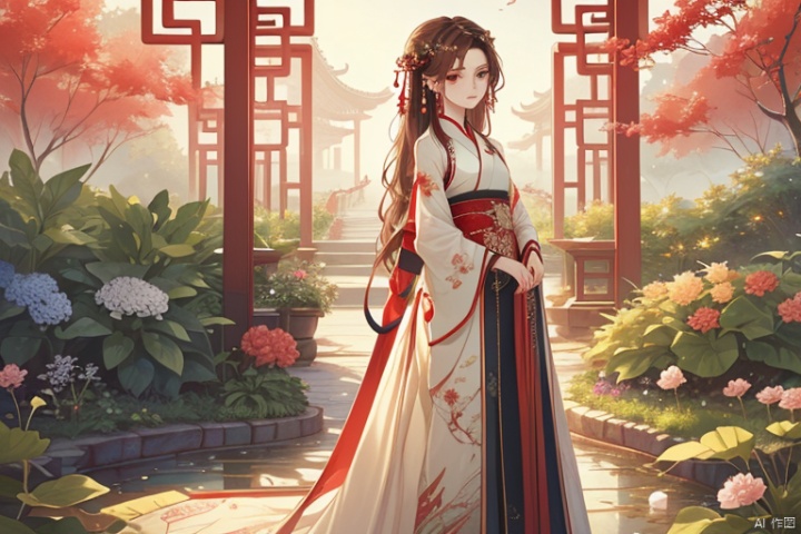 (masterpiece, top quality, best quality, official art, beautiful and aesthetic:1.2),gf-hd, 2girls, solo, hair ornament, very long hair,jewelry, dress, earrings, chinese clothes, brown hair, ribbon, hanfu,garden,standing,body