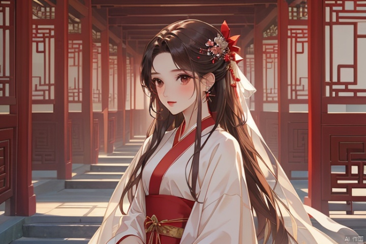  (masterpiece, top quality, best quality, official art, beautiful and aesthetic:1.2),gf-hd, 2girls, solo, hair ornament, very long hair,jewelry, dress, white hanfu, earrings, chinese clothes, brown hair, ribbon, hanfu,red ribbon, shawl
,children