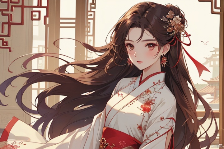  (masterpiece, top quality, best quality, official art, beautiful and aesthetic:1.2),gf-hd, 1girl, solo, hair ornament, very long hair,jewelry, dress, white dress, earrings, chinese clothes, brown hair, ribbon, hanfu,man