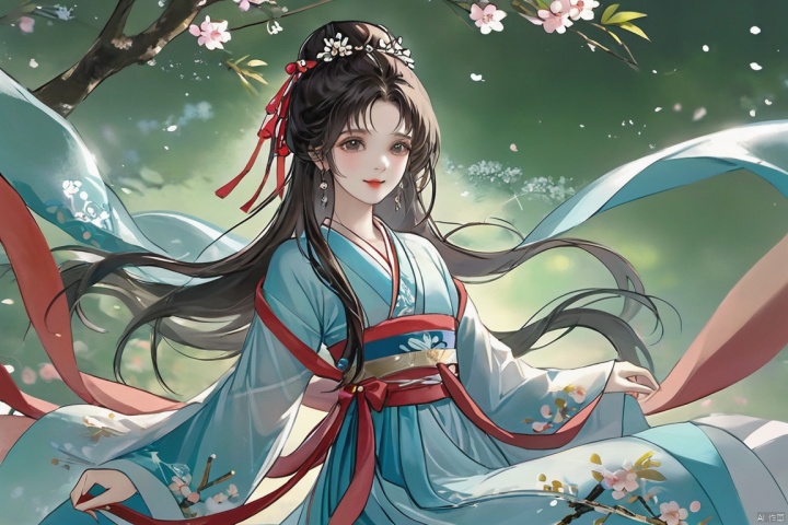  (masterpiece, top quality, best quality, official art,high detail, beautiful and aesthetic:1.2),gf-hd,1girl,hanfu,ribbon,Black hair, smile, skirt, earrings, dress, necklace,pink