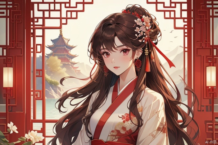  (masterpiece, top quality, best quality, official art, beautiful and aesthetic:1.2),gf-hd, 2girls, solo, hair ornament, very long hair,jewelry, dress, earrings, chinese clothes, brown hair, ribbon, hanfu,The whole body