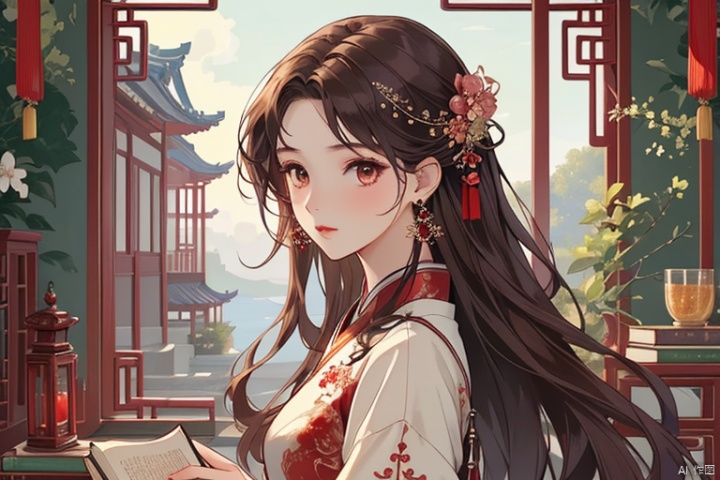  (masterpiece, top quality, best quality, official art, beautiful and aesthetic:1.2),gf-hd, 1girls, solo, hair ornament, very long hair,jewelry, dress, earrings, chinese clothes, brown hair, ribbon, hanfu,question,books
