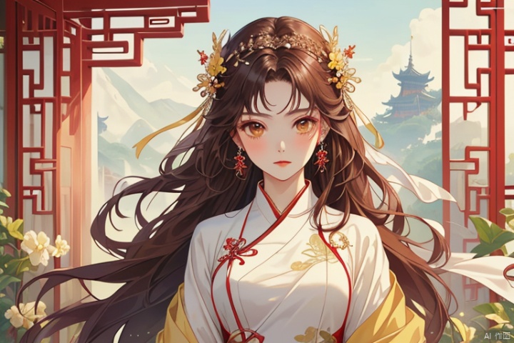  (masterpiece, top quality, best quality, official art, beautiful and aesthetic:1.2),gf-hd, 1girl, solo, hair ornament, very long hair,jewelry, dress, white dress, earrings, chinese clothes, brown hair, ribbon, hanfu, yellow ribbon, shawl