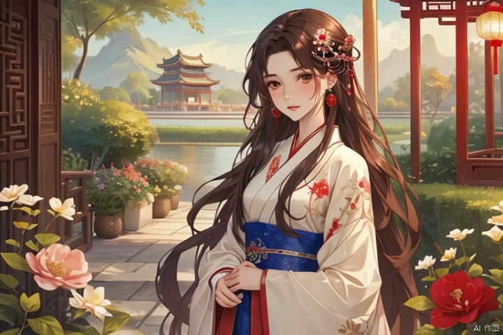  (masterpiece, top quality, best quality, official art, beautiful and aesthetic:1.2),gf-hd, 2girls, solo, hair ornament, very long hair,jewelry, dress, earrings, chinese clothes, brown hair, ribbon, hanfu,garden
