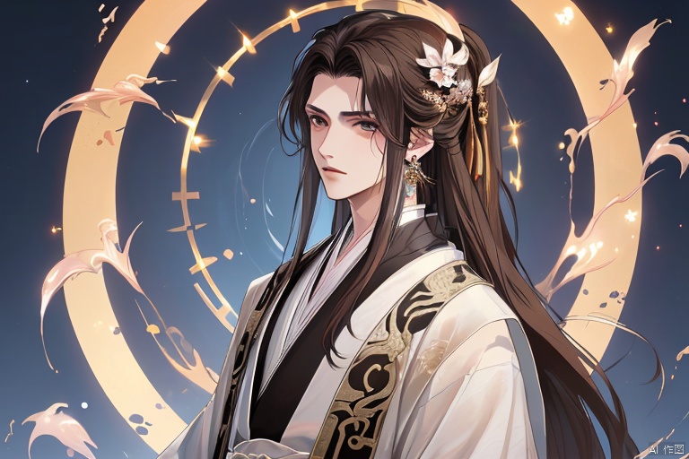  (masterpiece, top quality, best quality, official art, beautiful and aesthetic:1.2),gf-hd, 1boy, solo, hair ornament, very long hair,jewelry, dress, earrings, chinese clothes, brown hair, ribbon, hanfu,question,go fishing, LianmoNan, a boy with black and white hair_long hair_hanfu