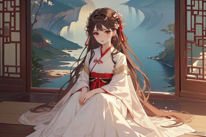 (masterpiece, top quality, best quality, official art, beautiful and aesthetic:1.2),gf-hd, 1boy, solo, hair ornament, very long hair,jewelry, dress, white dress, earrings, chinese clothes, brown hair, ribbon, hanfu,red ribbon, shawl
,children