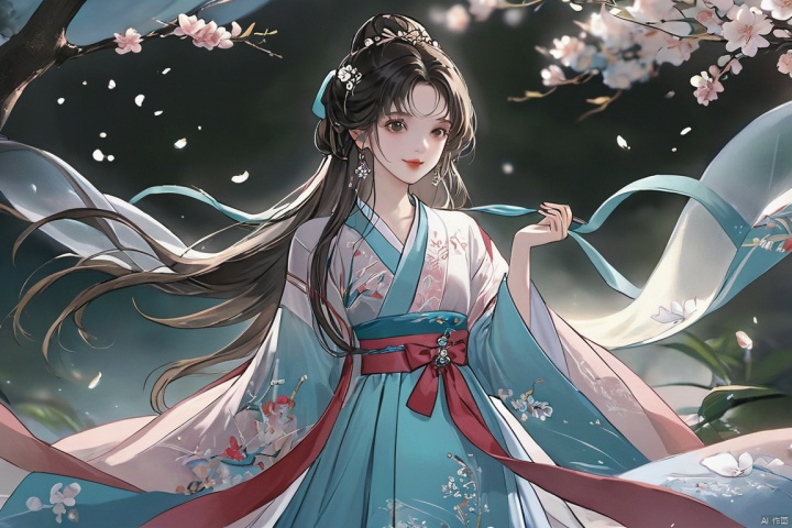  (masterpiece, top quality, best quality, official art,high detail, beautiful and aesthetic:1.2),gf-hd,1girl,hanfu,ribbon,Black hair, smile, skirt, earrings, dress, necklace,pink