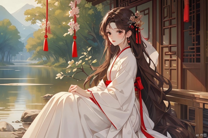  (masterpiece, top quality, best quality, official art, beautiful and aesthetic:1.2),gf-hd, 1boy, solo, hair ornament, very long hair,jewelry, dress, white hanfu, earrings, chinese clothes, brown hair, ribbon, hanfu,red ribbon, shawl
,children