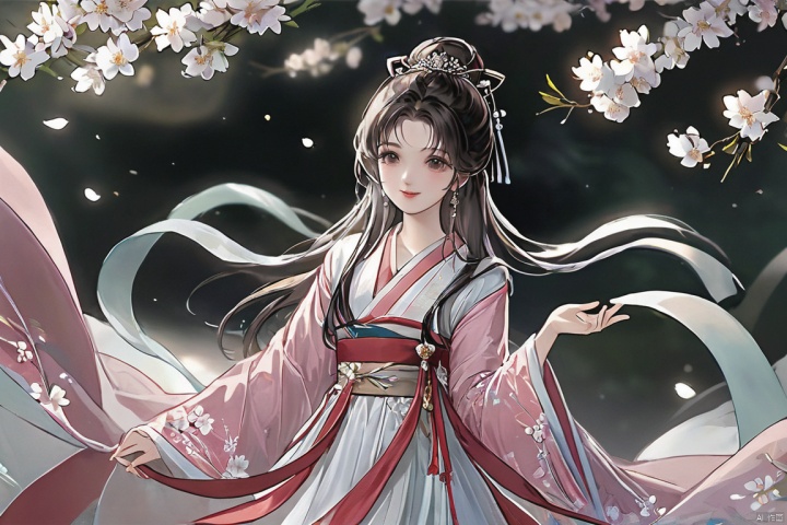  (masterpiece, top quality, best quality, official art,high detail, beautiful and aesthetic:1.2),gf-hd,1gir,hanfu,ribbon,Black hair, smile, skirt, earrings, dress, necklace,pink dress,white dress
