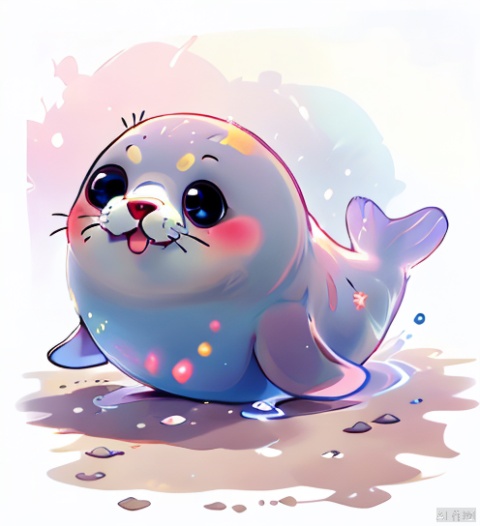 A seal, open mouth, smiling face, bright eyes, blush, chubby, cute, cartoon, white background
