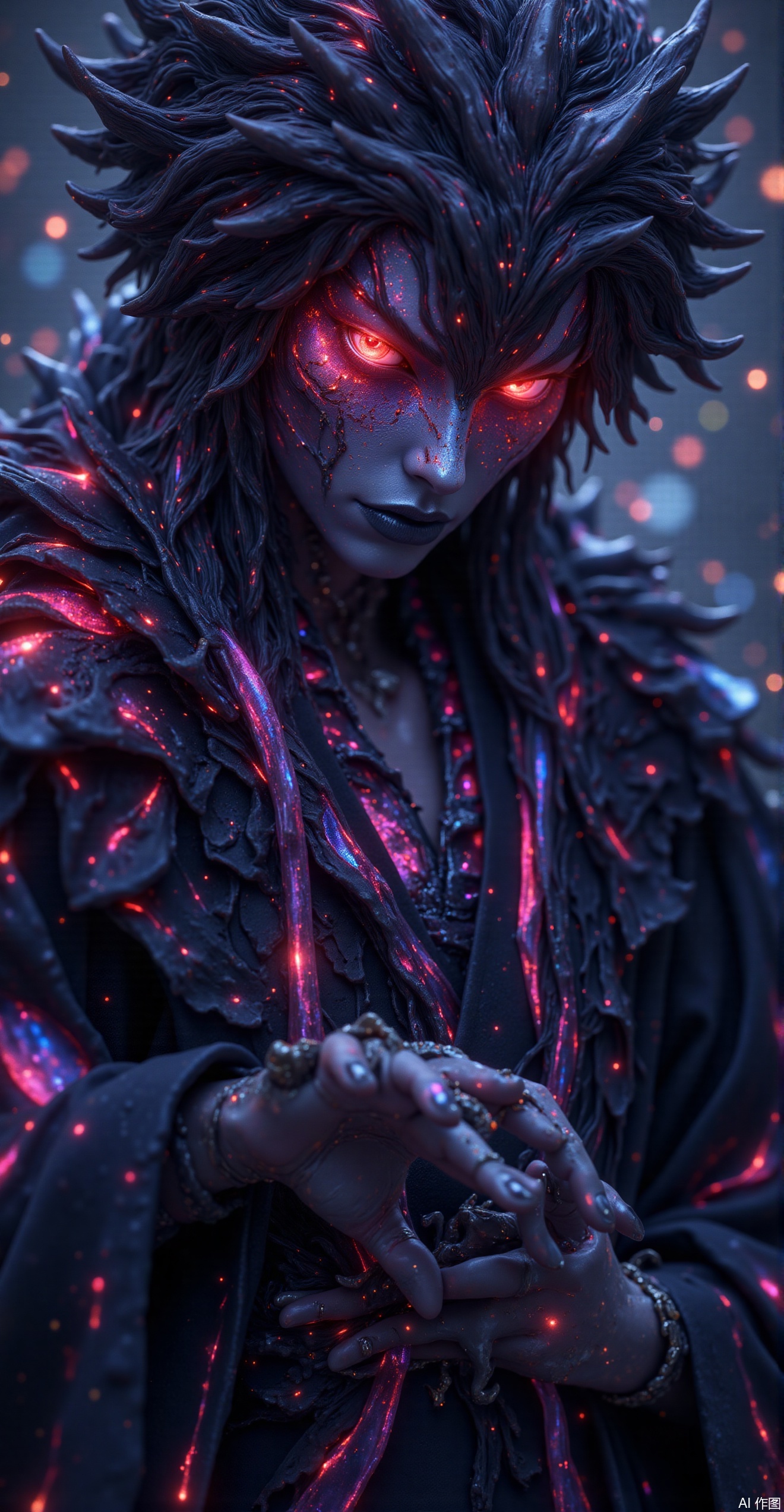 realistic, sukuna, character sukuna from Jujutsu Kaisen, epic composition sukuna, epic scene, stand-up close up, close shot, hyperdetailed photography, dazzling details, digital painting, color graded, handsome, golder hour, intricately detailed, horror, ghibli inspired style, general structure, portrait, hyperdetailed epic dark fantasy background, fantasy background, epic scene, in the style of gege akutami, photorealistic, ghibli, conceptual digitalism,, art by tatsuki fujimoto, iridescent blacklight, illustration should be a collaborative effort by Yoji Shinkawa, Noriyoshi Ohrai, Hiroo Isono,ananmo, MSI\(Monon\),COLORFUL CHAOS CRACKS AND DROPS,RAINBOW GLOW.,写实：flim rendering,CG/建模：octane rendering,UE5,Maya,blender