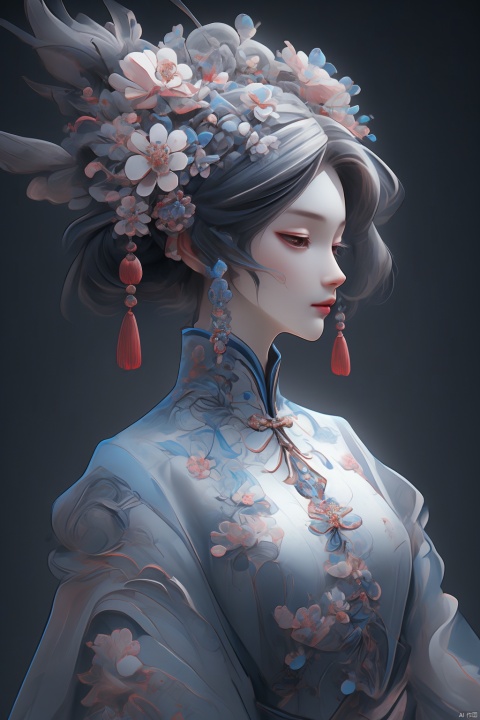 具有中国瓷器质感和赛博朋克风格的作品，一个风情万种的女孩，带有绣花的旗袍，盘起来的头发，光滑的表面质感，光影效果，高光泽度，丰富的细节，