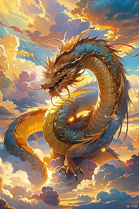 Excellent, masterpiece, super high resolution,  (Real: 1.5), (Original image: 1.5), (Clouds: 1.5), (Slightly above: 1), (Medium long shot),in the changing situation , there is a gentle and exquisite red-bearded golden dragon, flying from the dark clouds to the light amid the lightning and thunder, like a natural fairyland, (God's light: 1.5), HDR, 8k resolution, single focus, 