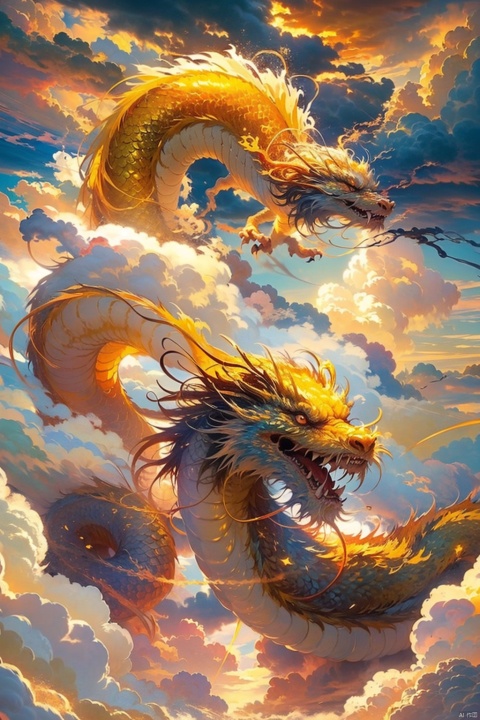Excellent, masterpiece, super high resolution,  (Real: 1.5), (Original image: 1.5), (Clouds: 1.5), (Slightly above: 1), (Medium long shot),in the changing situation , there is a gentle and exquisite red-bearded golden dragon, flying from the dark clouds to the light amid the lightning and thunder, like a natural fairyland, (God's light: 1.5), HDR, 8k resolution, single focus, 