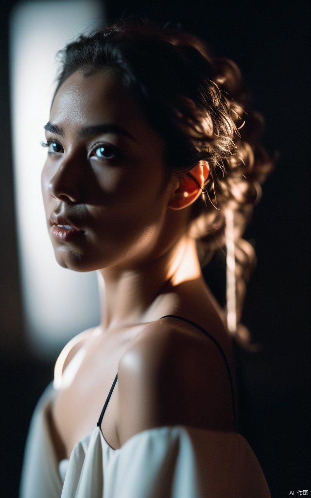  1girl,solo,upper body,curly hair,in the dark,dress,deep shadow,reflection light,depth of field,black background,simple background,( chiaroscuro,Fujicolor, UHD, super detail ,raw,85mm,f/1.2,FujifilmXT4,),1,
