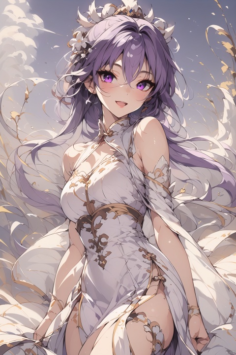  (best quality),(masterpiece),1girl, solo, purple eye , purple hair, white dress, smile ;open mouth, bare shoulders, hair between eyes, looking at viewer, small breasts, striped,Han Chinese Clothing,straight-on,full body,