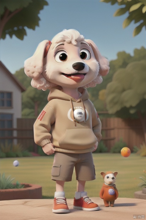 White poodle, big eyes, Q version, standing, red sweatshirt, khaki shorts, in the garden, holding a small rubber ball in its mouth, chubby,迪士尼, three views,character design