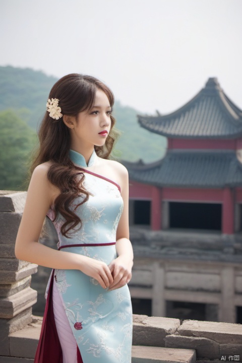 ,classroom,ruins,day,cheongsam,long hair, curly hair,1girl,hair tucking