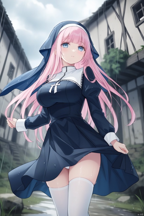  1girl, solo, looking up, blue eyes, long hair, pink hair, blunt bangs, ahoge, big breasts, sad, closed mouth, dark blue nun attire, juliet sleeves, tight skirt, without veil, white thighhighs, white panties, wet hair, wet dress, walking, outdoors, day, cloudy sky, rain, abandoned villages, ruined villages, dutch angle, low angle, from below, blurry background, masterpiece, bestquality, ultra detailed