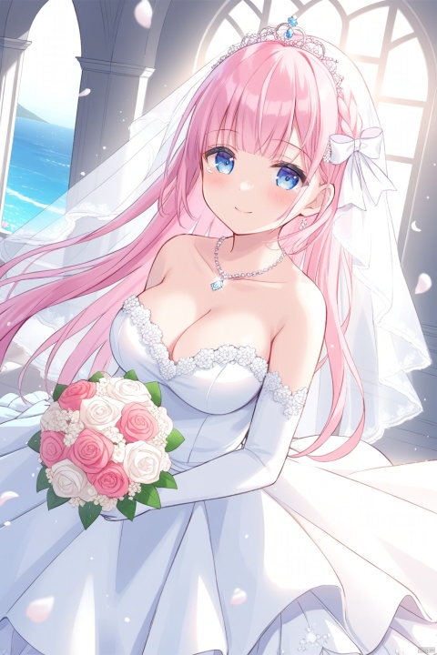  1girl, solo, looking at viewer, blush, blue eyes, long hair, pink hair, blunt bangs, ahoge, braid, hair ribbon, white riboon, big breasts, happy smile, tears, closed mouth, collarbone, cleavage, wedding dress, white dress, frilled dress, bridal veil, white bridal veil, long skirt, white skirt, frills, diamond necklace, tiara, Jewelry, elbow gloves, white elbow gloves, walking, bridal bouquet, holding bridal bouquet, floating hair, indoors, in wedding chapel, day, sunlight, wind, window, sea, white petals, dutch angle, masterpiece, bestquality, ultra detailed
