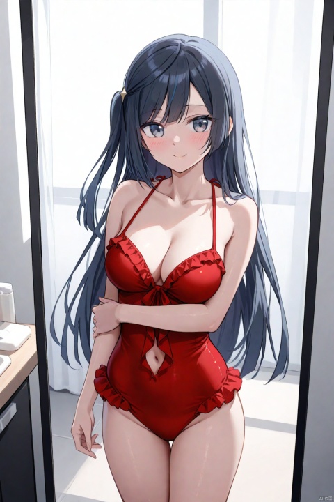  1girl, solo, looking at viewer, 1girl, solo, long hair, swept bangs, black hair, one side up, grey eyes, medium breasts(C cup), yuuki setsuna, closed mouth, blush, shy, smile, navel, split swimsuit, frilled swimsuit, red swimsuit, standing, holding own arm, indoor, in fitting room, mirror, curtain, cowboy shot, masterpiece, bestquality, ultra detailed
