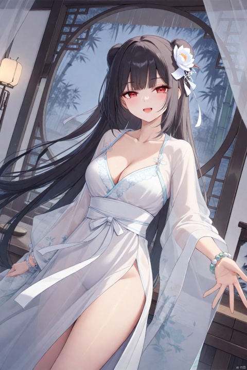  1girl, solo, looking at viewer, very long hair, black hair, bangs, red eyes, half-closed eyes, smile, open mouth, hand outstretched, medium breasts, collarbone, cleavage, hair ribbon, hair flower, bun, white ribbon, chinese hanfu, wide sleeves, see-through sleeves, white dress, floating hair, wearing a pair of white jade bracelets, indoors, cowboy shot, dusk, bamboo, dutch angle, masterpiece, bestquality, ultra detailed, Ancient China_Indoor scenes