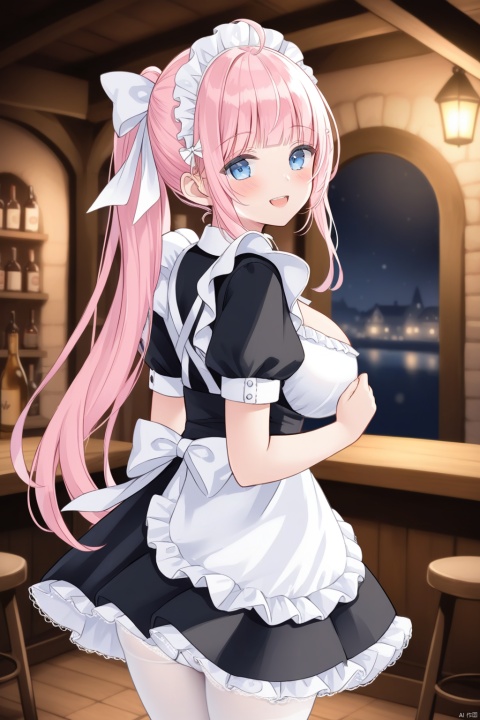  1girl, solo, looking at viewer, blue eyes, long hair, pink hair, blunt bangs, ahoge, hair ribbon, ponytail, white ribbon, big breasts, blush, smile, open mouth, teeth, cleavage, dress, low-cut dress, ribbon, puffy sleeves, apron, black dress, frills, puffy short sleeves, maid, waist apron, white apron, white pantyhose, white panties, white lace underwear, panties under pantyhose, standing, looking back, doors, bar, Medieval European style taverns, night, blurry background, depth of field, from behind, dutch angle, bestquality, ultra detailed