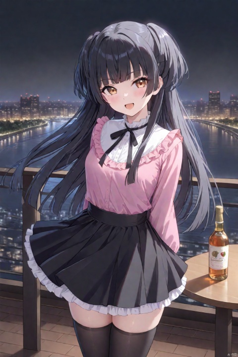 1girl, solo, looking at viewer, mayuzumi fuyuko, long hair, black hair, blunt bangs, two side up, brown eyes, blush, smile, open mouth, :d, shirt, pink shirt, long sleeves, frills, neck ribbon, black ribbon, skirt, black skirt, black thighhighs, zettai ryouiki, standing, floating hair, arms behind back, outdoors, on balcony, alcohol, liqueur, table, night, wind, cityscape, river, cowboy shot, masterpiece, bestquality, ultra detailed