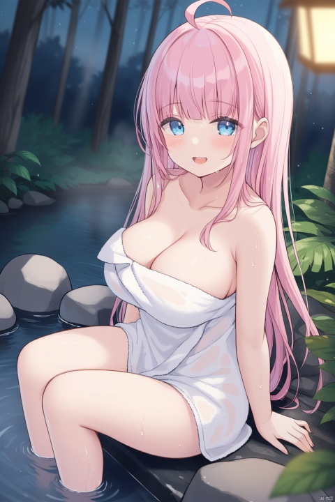  1girl, solo, looking at viewer, blue eyes, long hair, pink hair, blunt bangs, ahoge, big breasts, blush, shy, smile, half-closed eyes, open mouth, teeth, sitting in water, wet, wet hair, outdoors, night, dim, nature, forest, towel, steam, rock, fog, naked towel, soaking feet, wet towel, blurry background, depth of field, from above, dutch angle, bestquality, ultra detailed, masterpiece