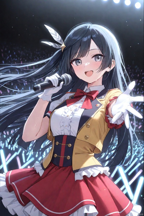  1girl, solo, upper body, looking at viewer, long hair, swept bangs, black hair, one side up, bangs, grey eyes, medium breasts(C cup), yuuki setsuna, feather hair ornament, open mouth, blush, smile, sweat, jacket, yellow jacket, white shirt, center frills, short sleeves, frills, bowtie, red bow, red bowtie, white gloves, red skirt, frilled skirt, standing, singing, holding a microphone, hand outstretched, arm outstretched, outdoors, on stage, idol, glowstick, cowboy shot, dutch angle, masterpiece, bestquality, ultra detailed