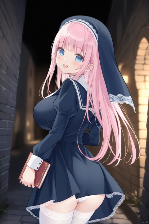  1girl, solo, looking at viewer, blue eyes, long hair, pink hair, blunt bangs, ahoge, big breasts, looking down, blush, smile, open mouth, teeth, dark blue nun attire, juliet sleeves, tight skirt, without veil, white thighhighs, white panties, white lace panties, walking, looking back, holding a book, outdoors, in the dungeon, blurry background, depth of field, from behind, night, dim, dutch angle, bestquality