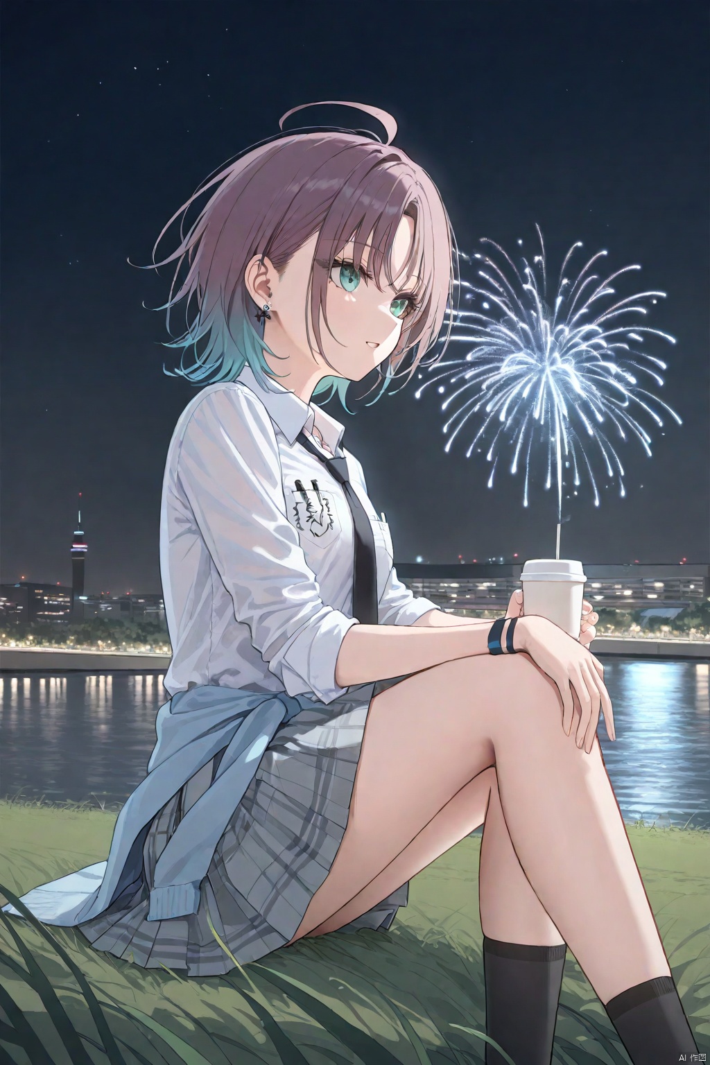 1girl, solo, asakura toru, looking up, short hair, blue hair, brown hair, ahoge, multicolored hair, gradient hair, green eyes, breasts(C cup), light smlie, school uniform, white shirt, gray skirt, pleated skirt, plaid skirt, wristband, earrings, black necktie, pocket, breast pocket, clothes around waist, sleeves rolled up, light blue jacket around waist, hamidashi, black socks, sneaker, floating hair, sitting on grass, knees up, arms support, outdoors, night, river, cityscape, fireworks, wind, cowboy shot, fromside, from below, masterpiece, bestquality, ultra detailed