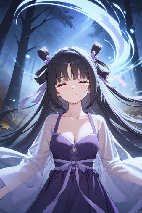  1girl, solo, upper body, looking at viewer, very long hair, black hair, bangs, hair rings, closed eyes, closed mouth, sadness face, smile, half-closed eyes, tears, medium breasts, collarbone, cleavage, hair ribbon, light purple ribbon, chinese hanfu, wide sleeves, see-through sleeves, purple dress, floating hair, body gradually becomes transparent, outdoors, night, dim, wind, forest, lake, fog, autumn, floating light, light magic, magic, fade-out, masterpiece, bestquality, ultra detailed