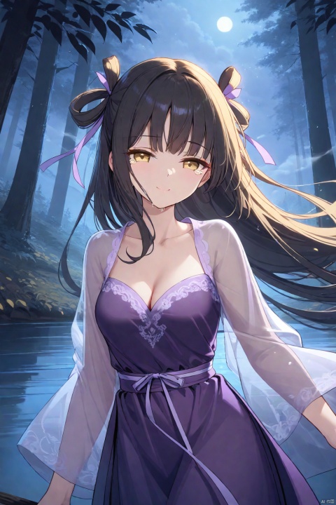  1girl, solo, upper body, looking at viewer, very long hair, black hair, bangs, hair rings, blond eyes, closed mouth, sadness face, smile, half-closed eyes, tears, medium breasts, collarbone, cleavage, hair ribbon, light purple ribbon, chinese hanfu, wide sleeves, see-through sleeves, purple dress, floating hair, body gradually becomes transparent, outdoors, night, dim, wind, forest, lake, fog, autumn, masterpiece, bestquality, ultra detailed