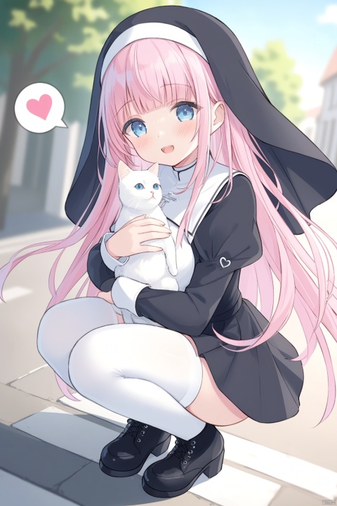  1girl, solo, looking down, blue eyes, long hair, pink hair, blunt bangs, ahoge, big breasts, blush, smile, open mouth, teeth, dark blue nun attire, juliet sleeves, tight skirt, without veil, white thighhighs, boots, squatting, holding a cat, a black and white cat, spoken heart, outdoors, European style street, day, wind, floating hair, blurry background, depth of field, dutch angle, masterpiece, bestquality, ultra detailed