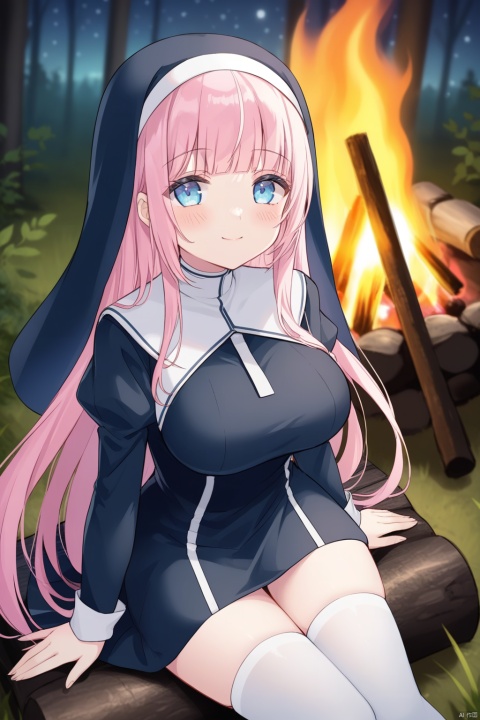  1girl, solo, looking at viewer, blue eyes, long hair, pink hair, blunt bangs, ahoge, big breasts, looking up, blush, smile, closed mouth, dark blue nun attire, juliet sleeves, tight skirt, without veil, white thighhighs, white panties, sitting, arms support, outdoors, night, bonfire, dim, nature, forest, blurry background, depth of field, from above, dutch angle, bestquality