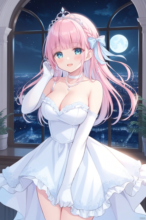   1girl, solo, looking at viewer, blue eyes, long hair, pink hair, blunt bangs, ahoge, big breasts, blush, shy, smile, half-closed eyes, braid, hair ribbon, aqua eyes, slightly open mouth, medium breasts, collarbone, cleavage, Princess dress, white dress, low-cut dress, frilled dress, long skirt, white skirt, frills, pearl necklace, tiara, elbow gloves, white elbow gloves, standing, put hand on own ear, indoors, in palace, night, moon, cloud, wind, floating hair, window, cityscape, blurry background, dutch angle, masterpiece, bestquality, ultra detailed