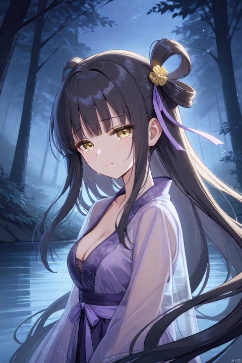  1girl, solo, upper body, looking at viewer, very long hair, black hair, bangs, hair rings, blond eyes, closed mouth, sadness face, half-closed eyes, tears, medium breasts, collarbone, cleavage, hair ribbon, light purple ribbon, chinese hanfu, wide sleeves, see-through sleeves, purple dress, floating hair, outdoors, night, dim, wind, forest, lake, fog, autumn, from side, masterpiece, bestquality, ultra detailed