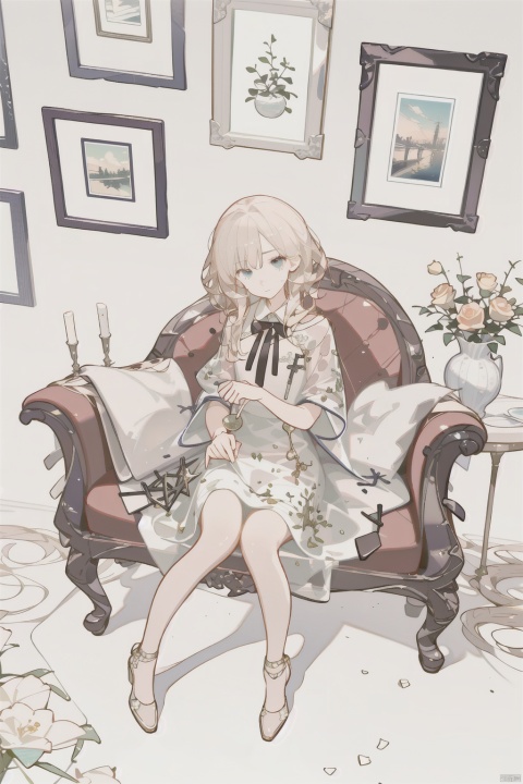 masterpiece, panorama,a girl, solo focus, half_body,long hair, dress, sitting in sofa, a delicate sitting room, a photo frame on the wall, velvet curtains, sofa in modern minimalist style, ((carpet)) on the floor, beautiful flowers, skirt_lift, cns_dress