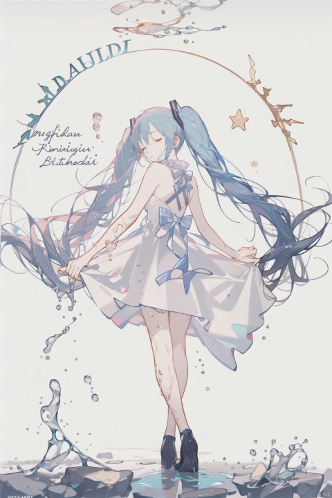  (english text:1.25),(from side), blue theme, (walking_in_liquid), standing_on_liquid, reflective_water, night, only water, (head down), closed eyes, skirt hold,(the surface of the water reflected the brigh stars), light_particles,1girl, very long hair, twintails, solo, hatsune miku, dress, blue hair, full body,water surface, reflection, star (sky), starry sky,,