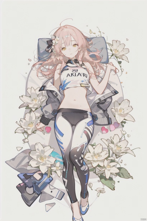  1 girl, (light gray yoga suit) , multi-colored hair, pink hair, butterfly headband, white electric sports headset, (rape flower) , sea of flowers, body, lie down, navel, white transparent skin, seen from above, represented by Hearts, decorated with blue hearts, using lots of hearts, using lots of blue hearts as background, using lots of yellow, using lots of yellow flowers, soft light, masterpiece, best quality, 8K, HDR, flowers