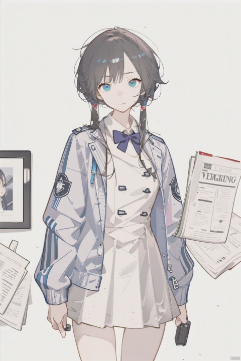  (Reality :1.3), Official art, Uniform 8k quality, Super Detail, 1 girl, newspaper wall background, jacket, blue jacket, shirt, white skirt, (/qingning/), (\MBTI\)