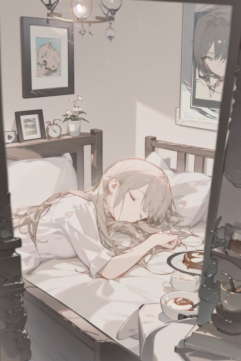  1 girl, European and American, （with eyes closed）,Display ears, lying in bed sleeping, sideways, warm at night,, Light master, A dimly lit interior,sweet,Caramel ambient light
