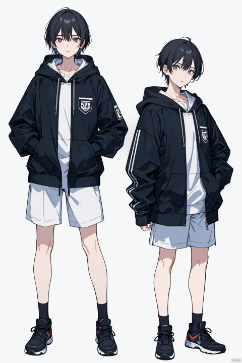 (male:1.2),(full_shot:2),(front view:1.2),(standing:1.2),multiple_views,white_background,arms_at_sides,hoodie,