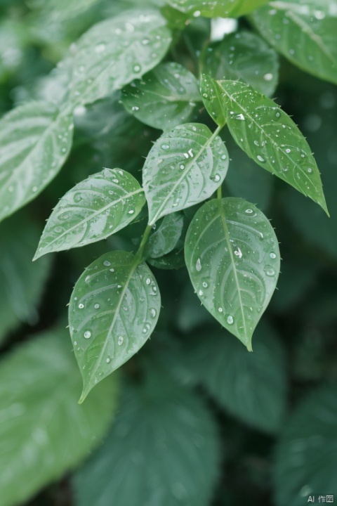 Photograph, with spots of light, of green shrub leaves, on a darker green background dotted with raindrops, frozen in motion, photograph taken on Fuji Pro 400H film, casual photo