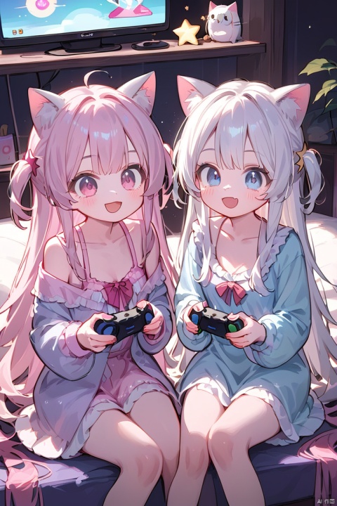  score_9,score_8_up,score_7_up,(2girls:2),(loli:0.9),(first girl with white hair),(second girl with pink hair),(first girl has blue eyes),(second girl has pink eyes),(first girl wear white loungewear:1.5),(second girl wear pink loungewear:1.5),small_breasts,(both girl born cat ears:1.3),barelegs,long eyelashes,in summer,in bedroom,(both girl holding game controller),(excited:1.5),(star_in_eye:1.5),(looking at monitor:1.3),