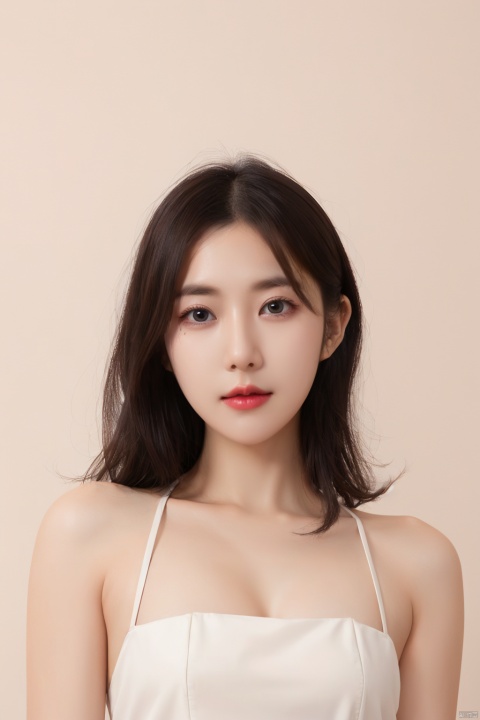 Korean fashion model with retro wavy oily hair, wearing fashionable design clothes, Korean girl looking frontally at the camera, without makeup highlighting the texture and pores of facial skin, full color picture, off-white solid colorbackground,
