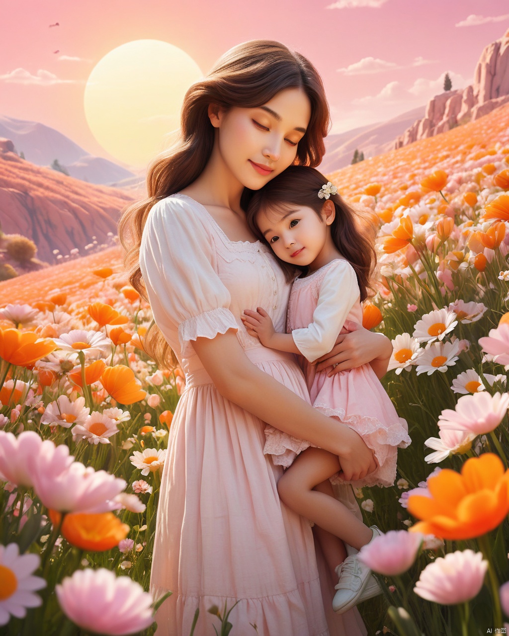 Masterpiece, best quality, stunning details, realistic, a cute mother daughter embrace, surrounded by flowers and eggs, dreamy scenery, soft and atmospheric perspective, vibrant orange and pink stage backgrounds, childlike innocence and charm, bold shapes and cute characters, with a simple white sun in the sky against a pink background