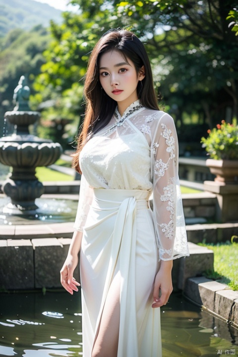  ((best quality)), ((masterpiece)), (detailed), young asian girl, with pale skin has perfect face and large breast wearing nice kebaya bali, standing in front of pond with shiva statue