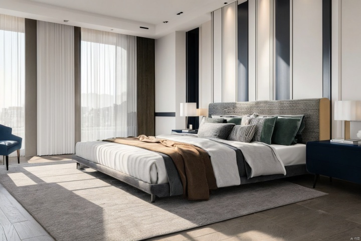 bed room,modern style,Nightstand, curtains, carpet,